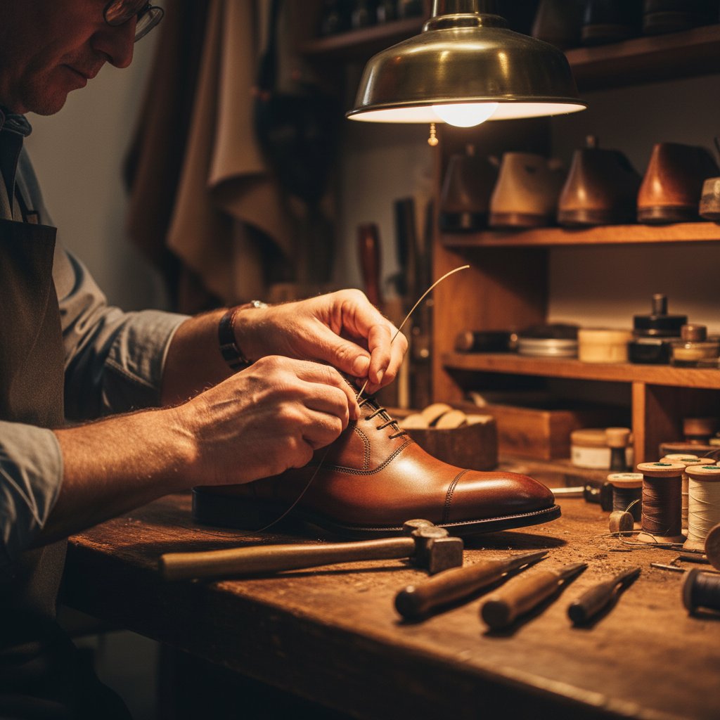 Professional shoe repair craftsman working on leather boot restoration in Manchester workshop
